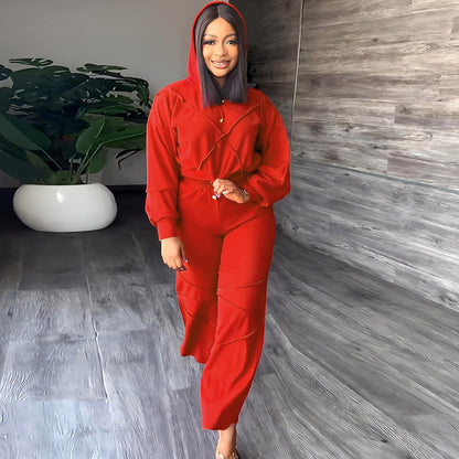 Women Athleisure Fashionable Sports Solid Color Hooded Straight Casual Pants Two-Piece Set