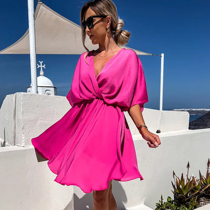 Spring Summer Solid Color Satin Loose Casual Vacation V Neck Dress