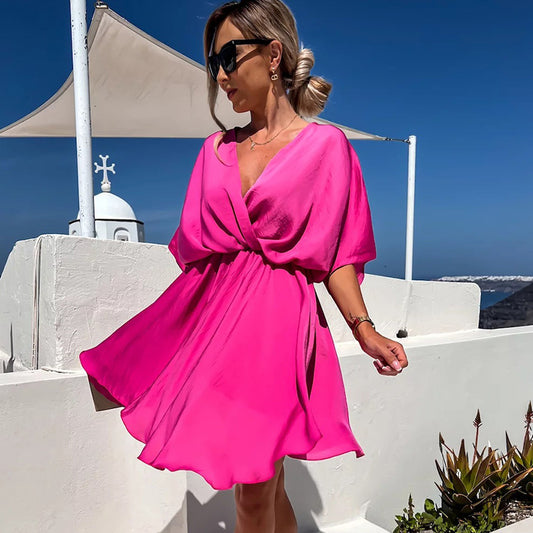 Spring Summer Solid Color Satin Loose Casual Vacation V Neck Dress