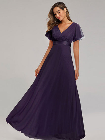 Chiffon Prom Dresses V-Neck Short Sleeves Semi Formal Maxi Dress In Burgundy