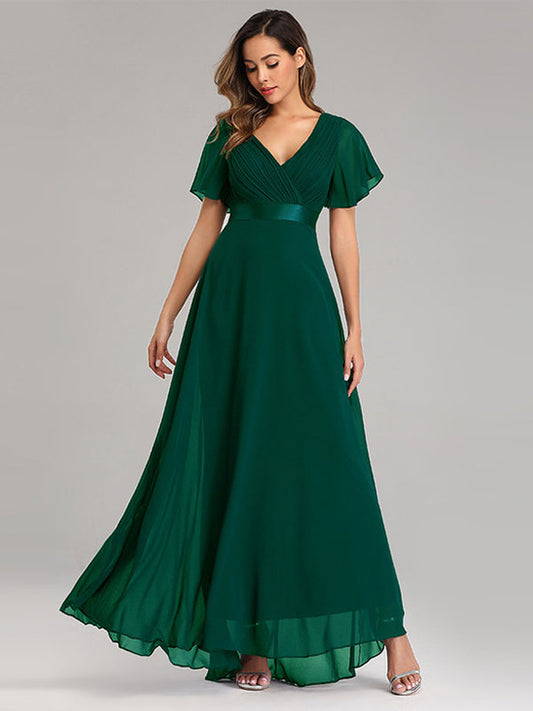 Chiffon Prom Dresses V-Neck Short Sleeves Semi Formal Maxi Dress In Burgundy