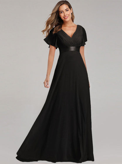 Chiffon Prom Dresses V-Neck Short Sleeves Semi Formal Maxi Dress In Burgundy