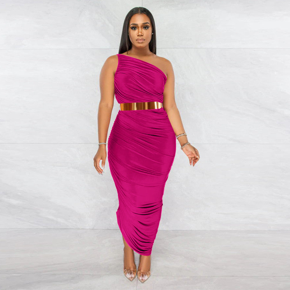 Women Solid Color Casual Sexy Oblique Shoulder Slim Irregular Creased Dress