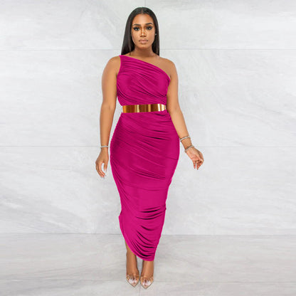 Women Solid Color Casual Sexy Oblique Shoulder Slim Irregular Creased Dress
