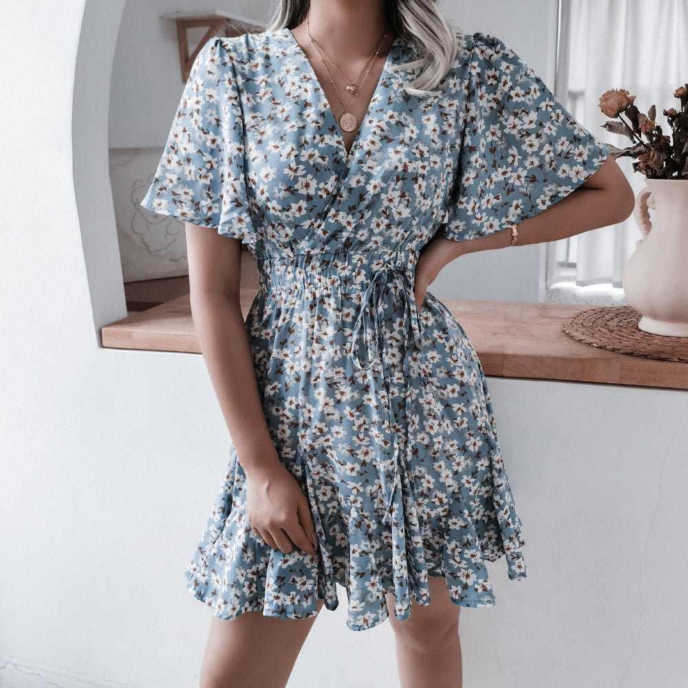 Spring Summer Women Casual Vacation Floral Printed Chiffon Short Sleeve Dress