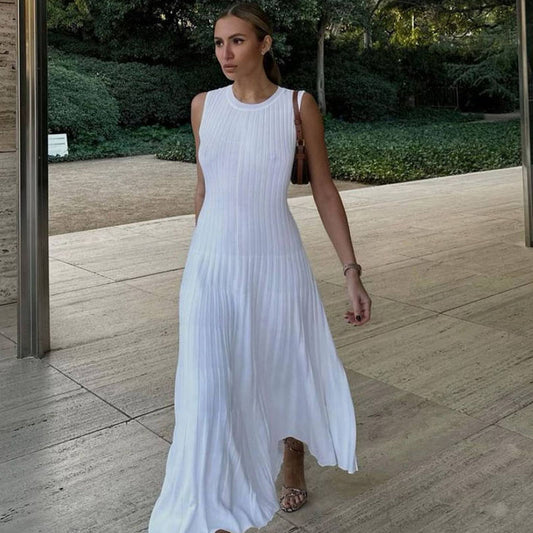 Vestido largo de punto liso con cuello redondo y cintura definida para mujer, elegante e informal