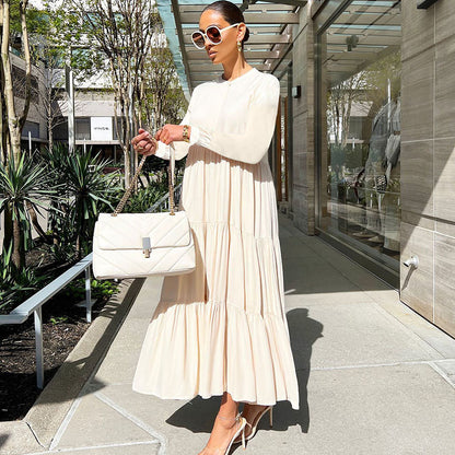 Women Fashion Casual Long-Sleeved Loose Ruffled Solid Color Maxi Dress