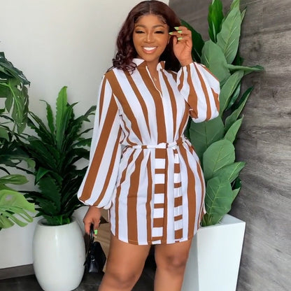 Fashion Women Color Blocking Stripe Printed V-Neck Casual Shirt Dress