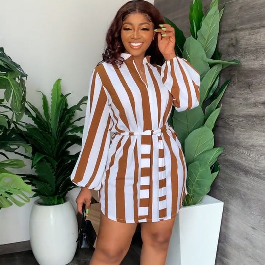 Fashion Women Color Blocking Stripe Printed V-Neck Casual Shirt Dress