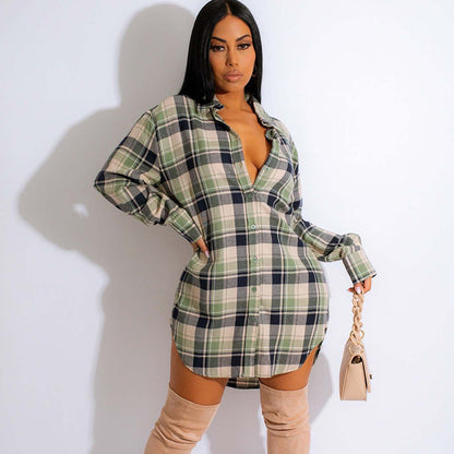Fashion Women'S Casual Loose Classic Plaid Pattern Long Sleeve Shirt Dress