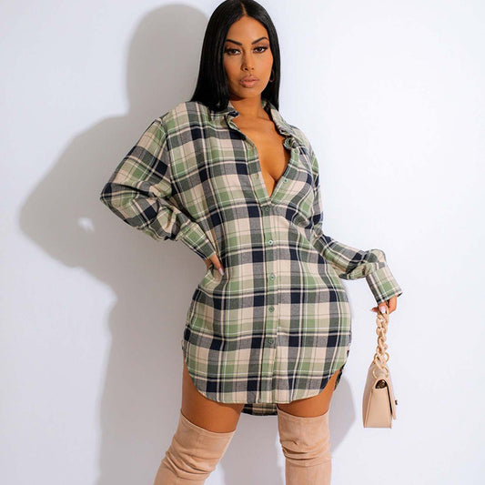 Fashion Women'S Casual Loose Classic Plaid Pattern Long Sleeve Shirt Dress