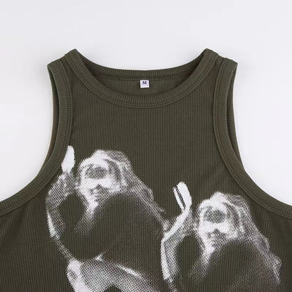 Sleeveless crewneck abstract contrast print crop top