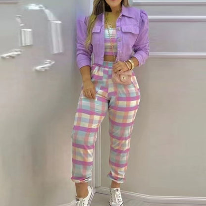 Conjunto de dos piezas informal de moda con top y pantalones de cintura alta con estampado a cuadros para mujer