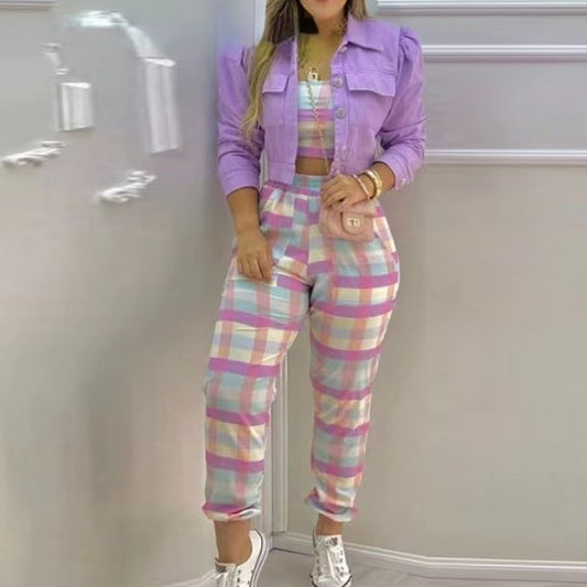 Conjunto de dos piezas informal de moda con top y pantalones de cintura alta con estampado a cuadros para mujer