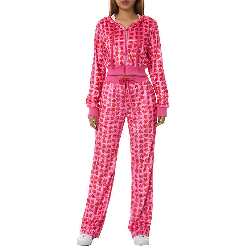 Conjunto informal de sudadera y pantalón de manga larga con estampado de corazón rosa para mujer