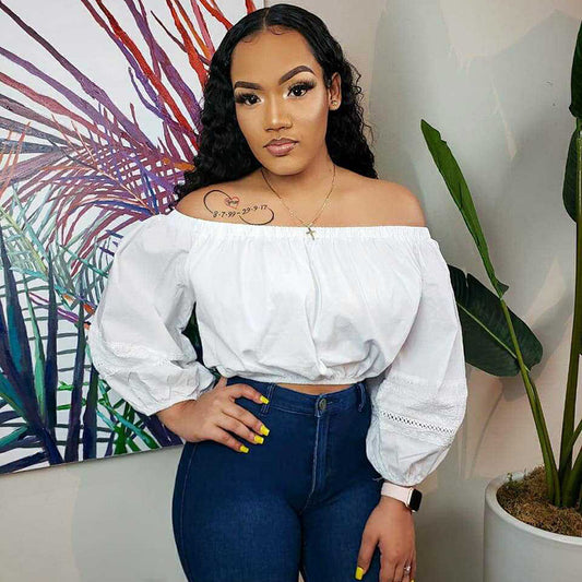 Blusa corta informal de manga larga con hombros descubiertos y color liso para mujer
