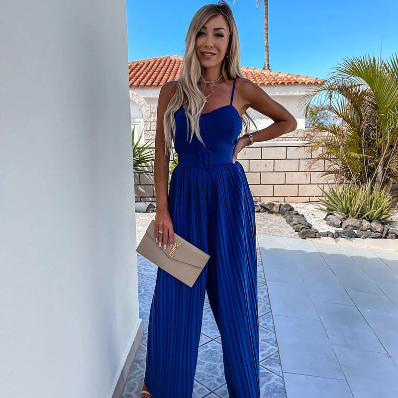 Women Summer Sexy Sling Pleated Casual Vacation Solid Color Jumpsuits