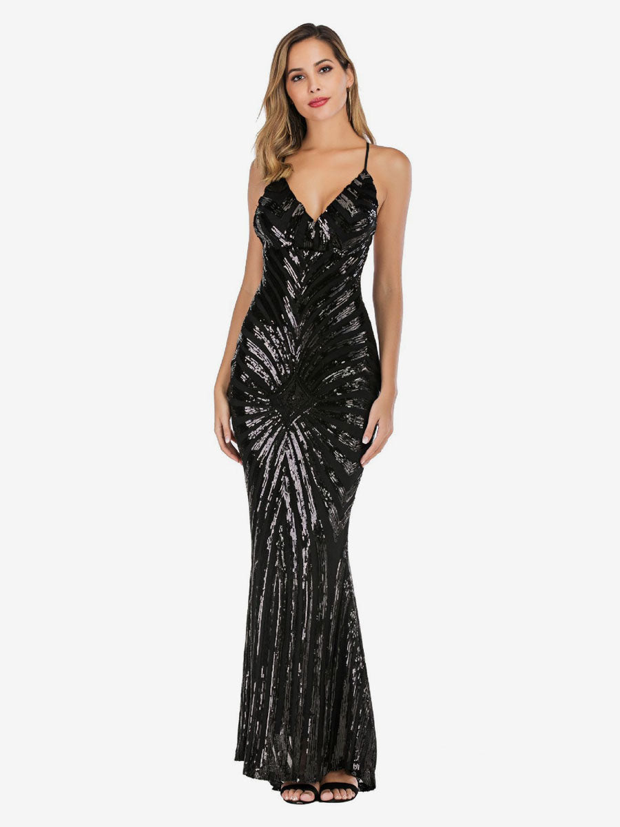 Mermaid Party Dresses Sleeveless Sequined Semi Formal Prom Long Dress