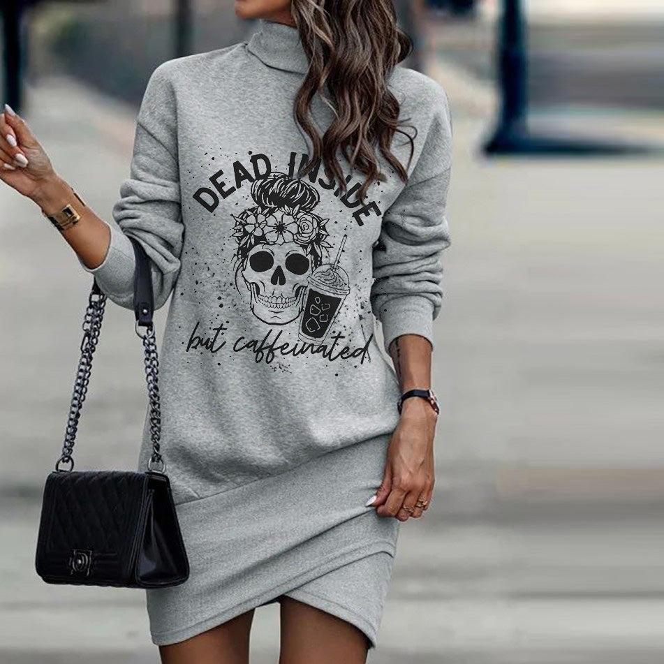 Winter Fashion Women Casual Skull Letter Printed Turtle Neck Long Sleeve Irregular Hemline Dress