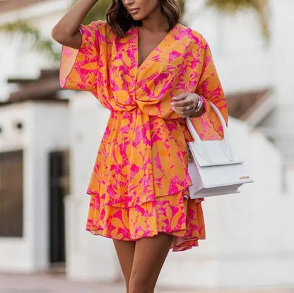 Women Fashion Casual Boho Style V-Neck Loose Dolman Sleeve Graphic Printed Dress