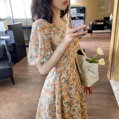 Women Casual Summer Vacation Sweet Puff Sleeve Floral V Neck Dress