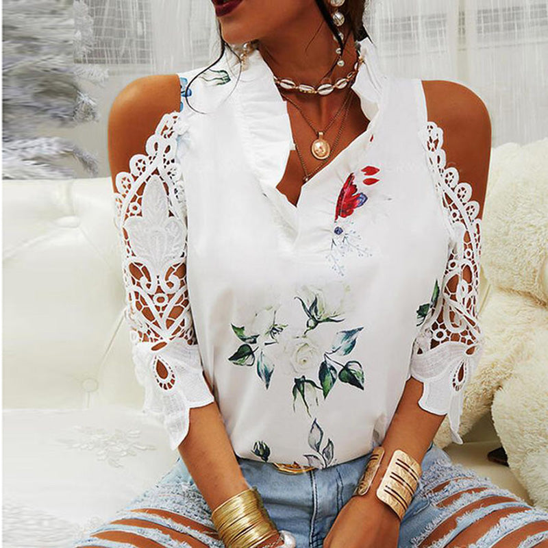 Blusa informal de verano para mujer, con estampado floral, hombros descubiertos, encaje y patchwork, de manga larga