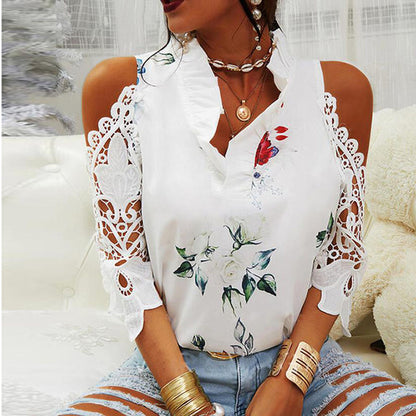 Blusa informal de verano para mujer, con estampado floral, hombros descubiertos, encaje y patchwork, de manga larga