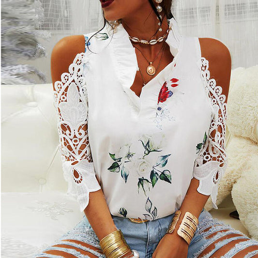 Blusa informal de verano para mujer, con estampado floral, hombros descubiertos, encaje y patchwork, de manga larga
