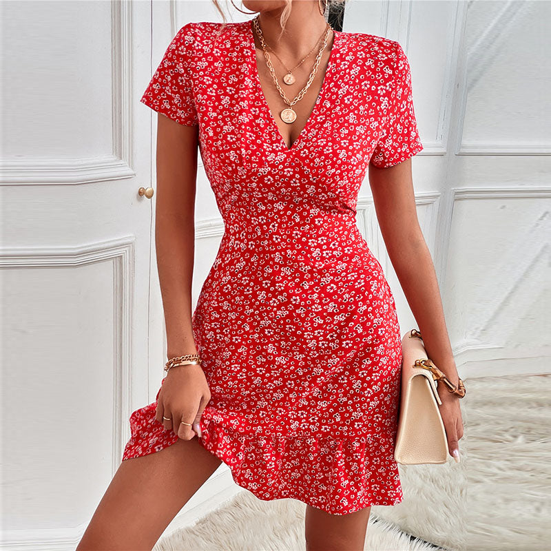 Summer Vacation Women V-Neck Short Sleeve Ruffled Casual Dress