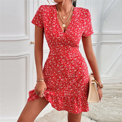 Summer Vacation Women V-Neck Short Sleeve Ruffled Casual Dress