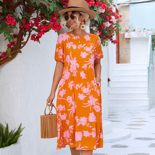 Summer Vacation Women'S Casual Loose Puff Sleeve Floral Printed Midi Dress