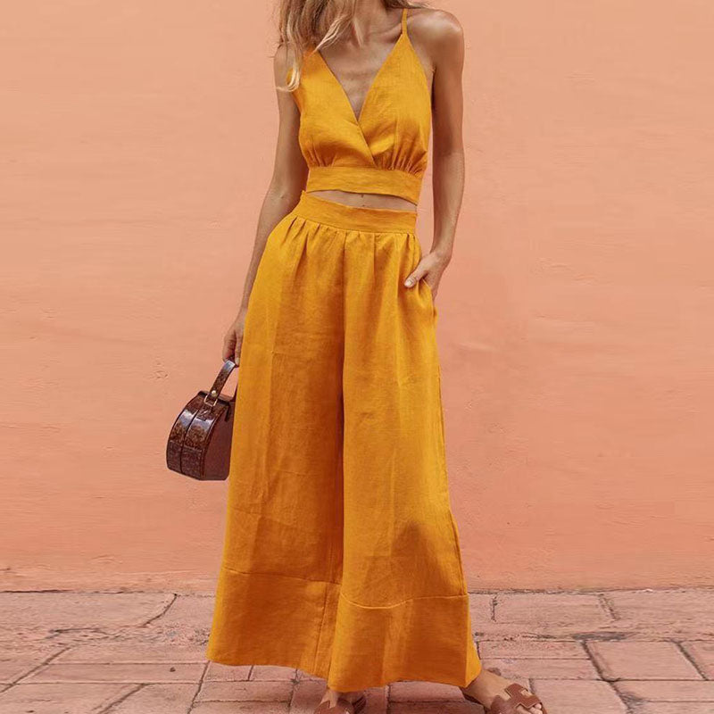 Conjunto de dos piezas formado por top corto y pantalón ancho de cintura alta y escote en V, color liso, para mujer, informal, de verano y vacaciones