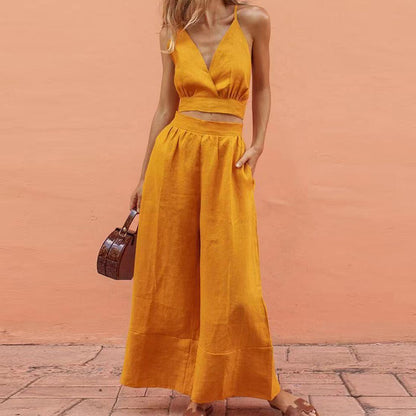 Conjunto de dos piezas formado por top corto y pantalón ancho de cintura alta y escote en V, color liso, para mujer, informal, de verano y vacaciones
