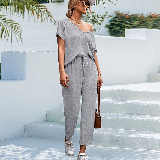 Conjunto de 2 piezas de top y pantalón deportivo de manga corta con cuello en V, informal, de verano, en color liso