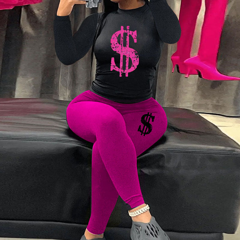 Women Fashion Dollar Printed Round Neck Long Sleeve Top And Pants Sports Casual Two-Pieces Set