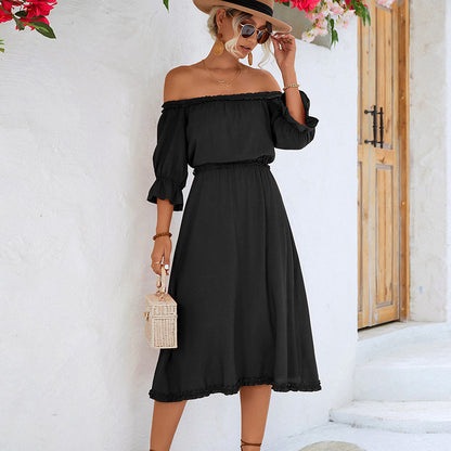 Fashion Vacation Spring And Summer Women'S Ruffled Off-Shoulder Casual Solid Color Midi Dress
