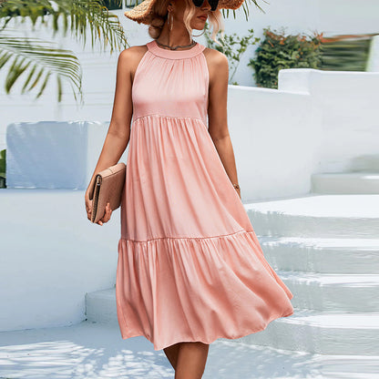 Women Fashion Casual Summer Vacation Solid Color Halter Neck Loose Midi Dress