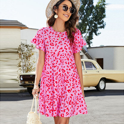 Vestido holgado informal de manga corta con volantes y cuello redondo con estampado de leopardo para vacaciones de verano para mujer