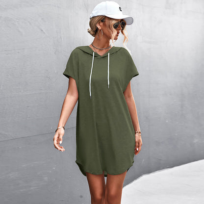 Summer Athleisure Women'S Casual Basic Hooded Solid Color Short Sleeve Dress