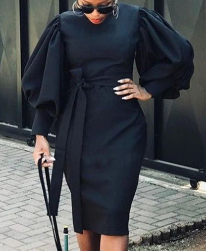 Vestido midi informal ajustado con cuello redondo y mangas abullonadas para mujer