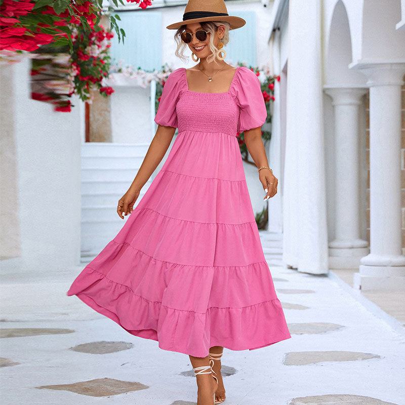 Vestido largo informal de verano para mujer, estilo bohemio, color liso, con hombros descubiertos y volantes