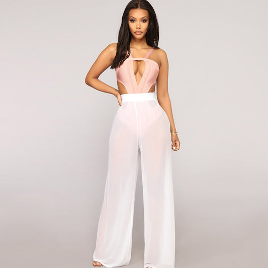 Pantalones anchos informales transparentes de malla lisa y sexy para mujer