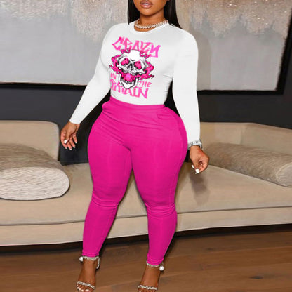 Women Simple Letter Skull Printed Long Sleeve Top And Pants Casual Sports Two Pieces Suit