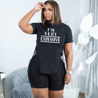 Women Casual Slit Strap Letter Printed Short Sleeve T-Shirt And Solid Color Shorts Fashion Sports Two Pieces Set