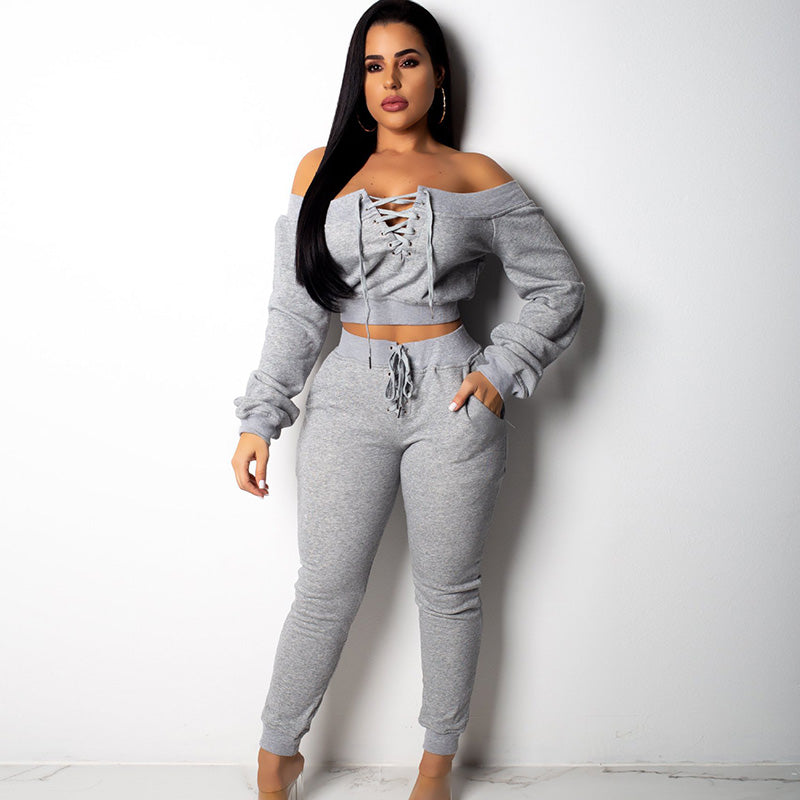 Conjunto de dos piezas para mujer, de color liso, manga larga, hombros descubiertos, con cordones y pantalones casuales, a la moda.