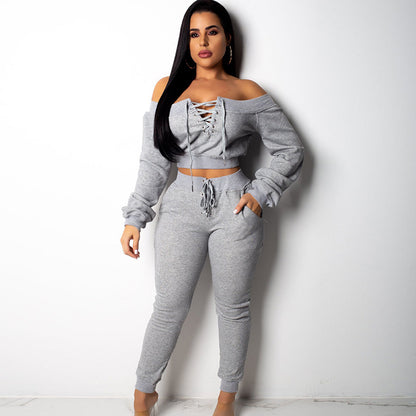 Conjunto de dos piezas para mujer, de color liso, manga larga, hombros descubiertos, con cordones y pantalones casuales, a la moda.