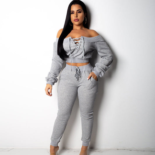 Conjunto de dos piezas para mujer, de color liso, manga larga, hombros descubiertos, con cordones y pantalones casuales, a la moda.
