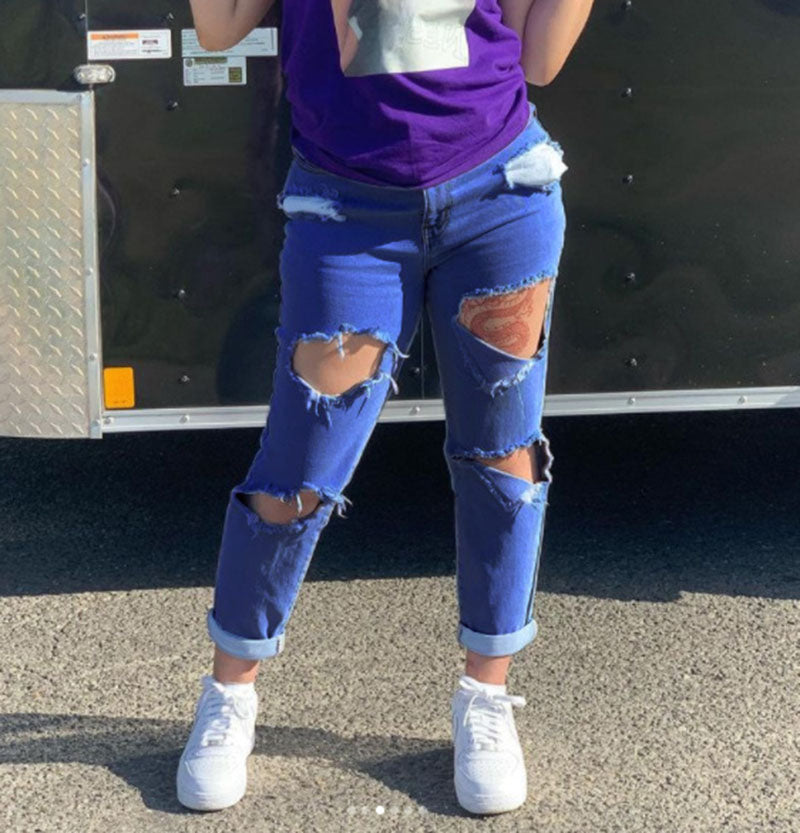 Vaqueros rasgados con corte elástico alto de color liso para mujer