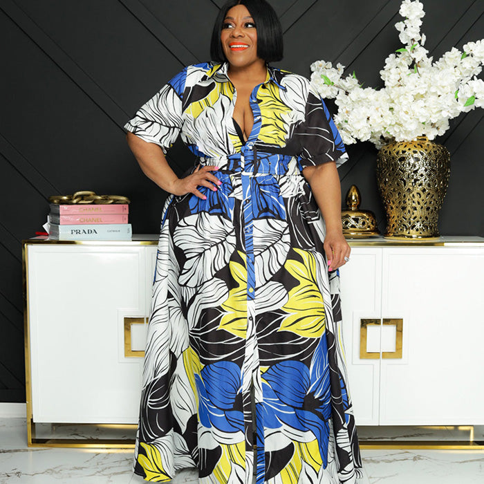 Women Plus Size Summer Floral Printed Casual Long Sleeve Maxi Dress