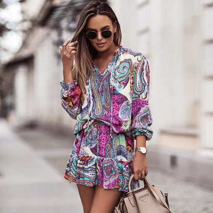 Fashion Casual Women Floral Paisley Printed Long-Sleeved Ruffled Dress